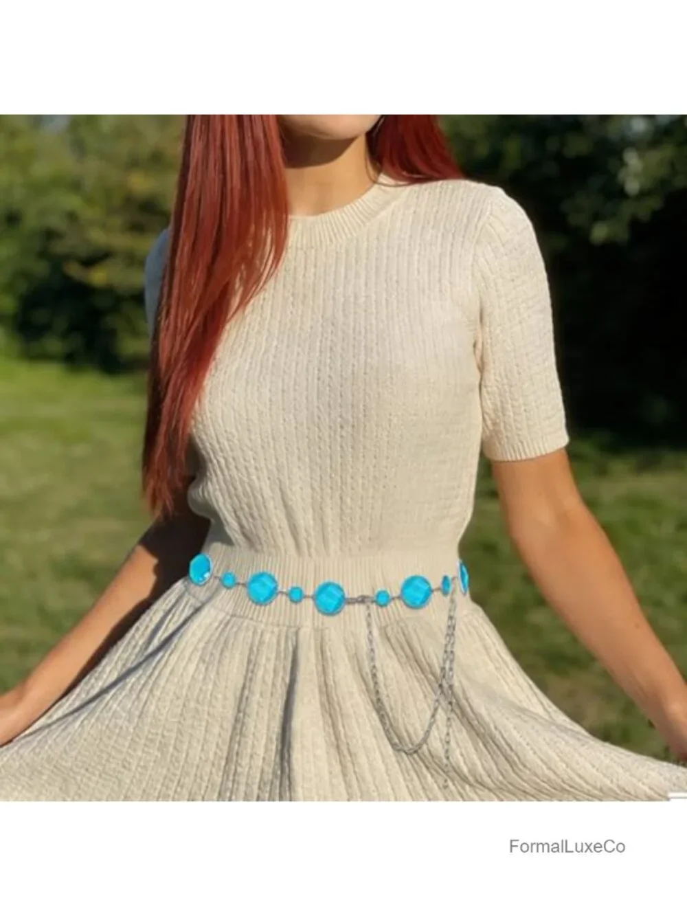 Women's Crystal Chain Waist Belt Adjustable Silver & Blue Western Cowgirl Bridal
